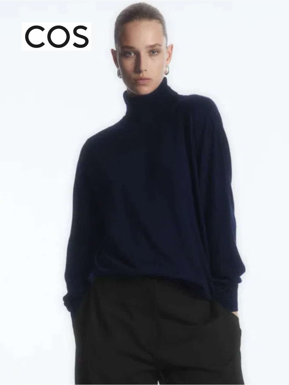 COS 100% Merino Wool Roll Neck Sweater S Navy Blue Oversized Relaxed Fit